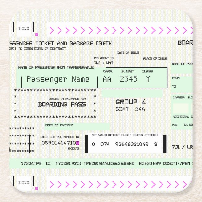 Anpassbarer Boarding-Pass Rechteckiger Pappuntersetzer (Vorderseite)