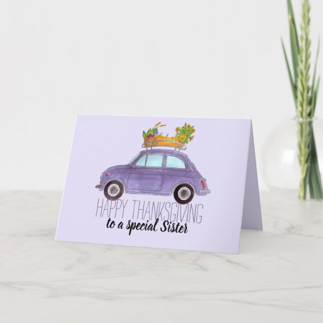 anpassbarer Erntedank Lila Retro Fiat 500 Karte (Vorderseite)