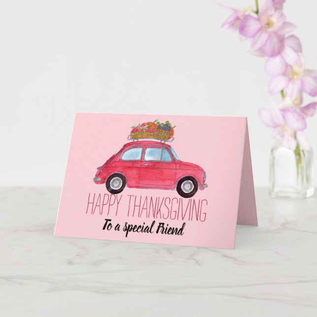 Anpassbarer Erntedank Red Retro Fiat 500 Karte (Orchidee)