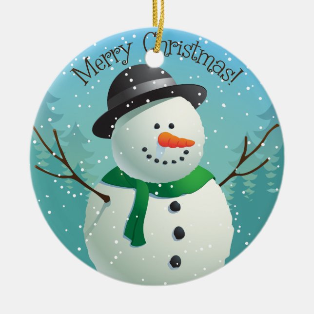 Anpassbarer froher Weihnachtsschneemann Keramik Ornament (Vorne)