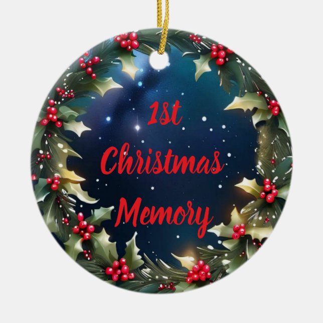 Anpassbarer Holly Berry-Wreath-Keepake-Speicher Keramik Ornament (Vorne)