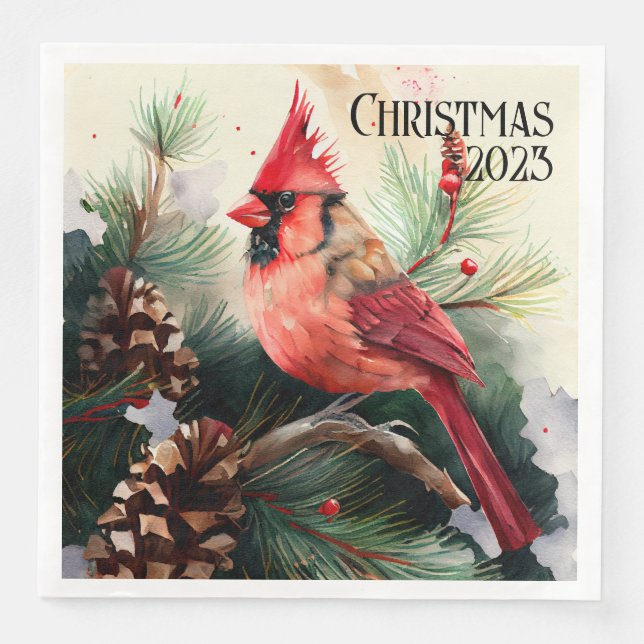Anpassbarer Kardinal auf Evergreen Tree Weihnachte Serviette (Vorderseite)