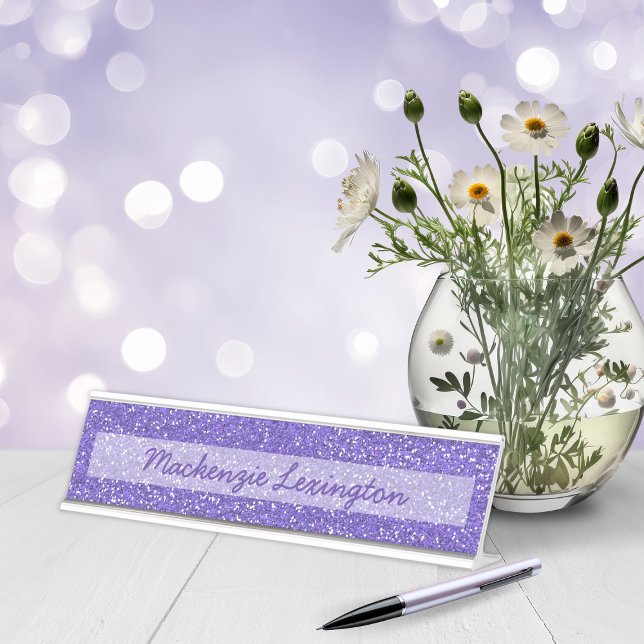Anpassbarer Lila Glitzer | Chic Sparkle Schreibtischnamensplakette (Customizable Purple Glitter | Chic Sparkle Desk Name Plate)