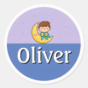 Anpassbarer Mond & Sterne Träumerischer Kindername Runder Aufkleber