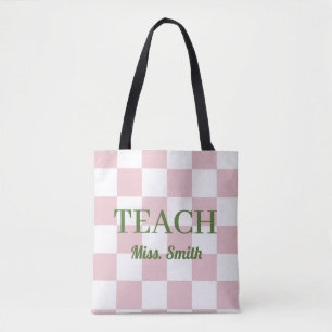 Anpassbarer Name Teach Tote Süß Rosa Kariert Tasche