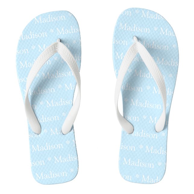 Anpassbarer Name, Text, hellblau weiß Flip Flops (Fußbett)
