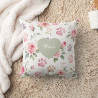 Anpassbarer Namens-Wasserfarben-Rose- und Pfotenab Kissen