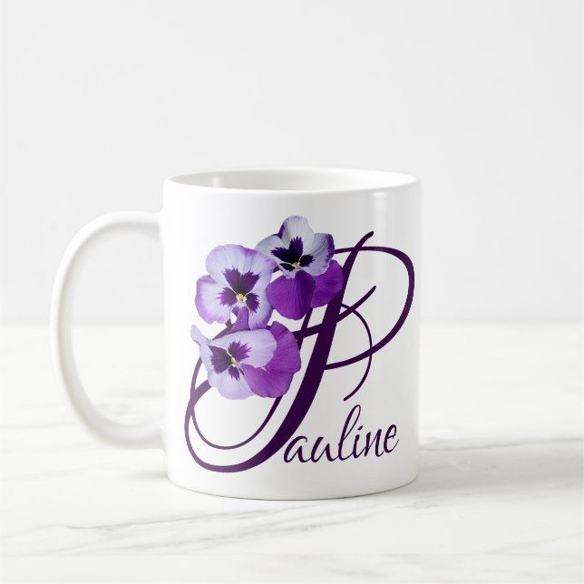 Anpassbarer Pauliname lila Pansy floral Kaffeetasse (Links)