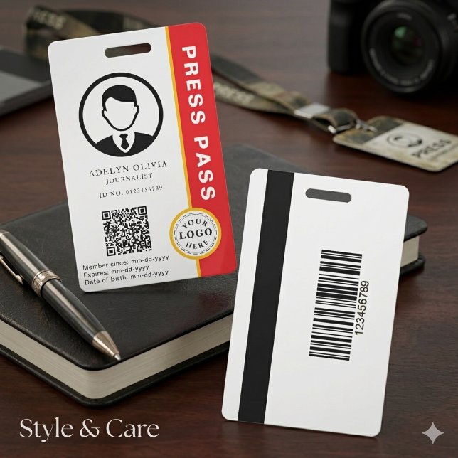 Anpassbarer Pressepass mit Foto-ID und QR-Code Ausweis (Customizable Press Pass with Photo ID & QR Code Badge)