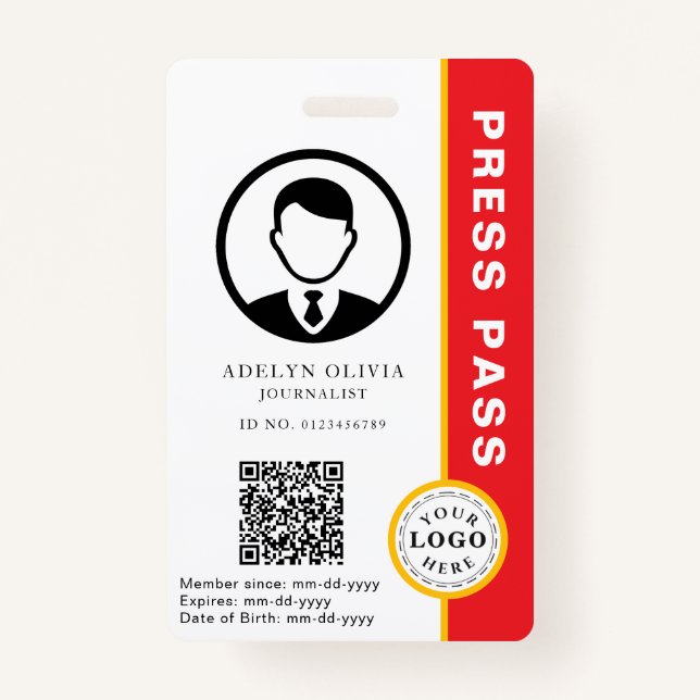 Anpassbarer Pressepass mit Foto-ID und QR-Code Ausweis (Vorderseite)