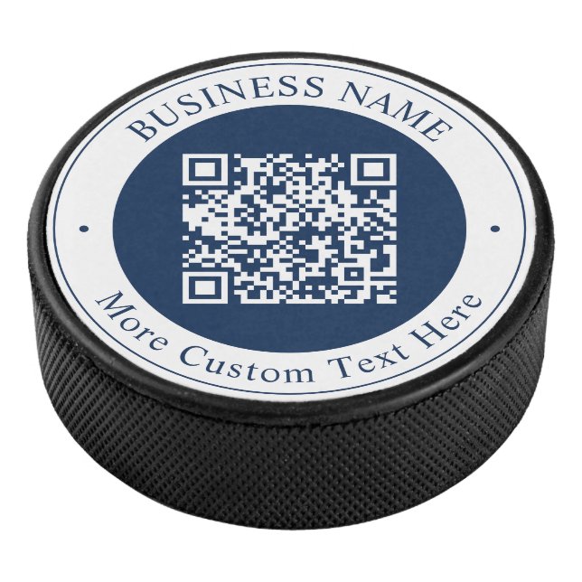 Anpassbarer QR-Code & Text | Dunkles Marineblau Eishockey Puck (3/4)