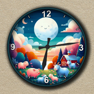 Anpassbarer skurriler nächtlicher Bauernhof Runde Wanduhr