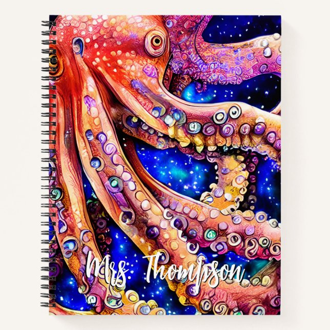 Anpassbarer Wasserfarbtopus mit Namen Notizbuch (Vorderseite)