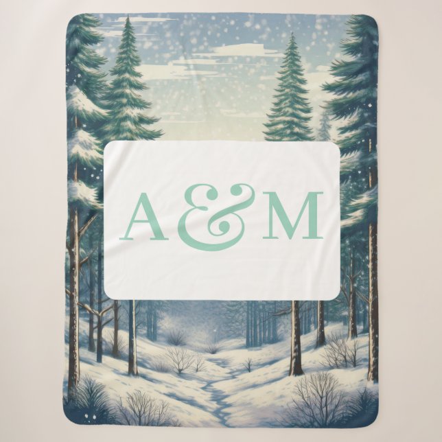 Anpassbarer Winterwald mit zwei Monogrammen Sherpadecke (Vorderseite)