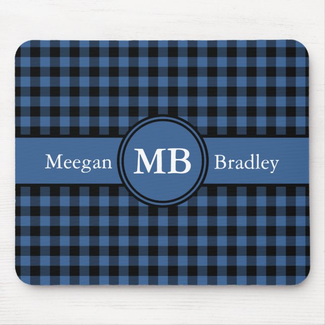 Anpassbares Blau und Schwarz kariertes Gingham Mousepad (Vorne)