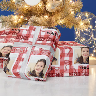 Anpassbares Foto- und Namens-Weihnachts-Karo-Band Geschenkpapier