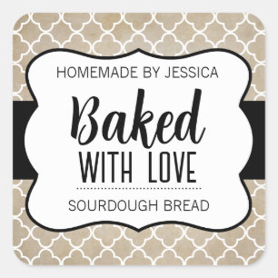 Anpassbares 'Gebacken mit Liebe' Label HM012sqv1 Quadratischer Aufkleber