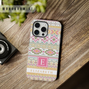 Anpassbares Hellgelb Grün Pink Blau Aztekenmuster iPhone 15 Pro Max Hülle
