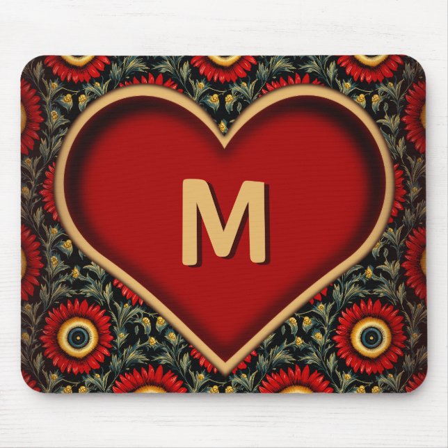 Anpassbares rotes Vintage-Monogramm-Herz-Mauspad Mousepad (Vorne)