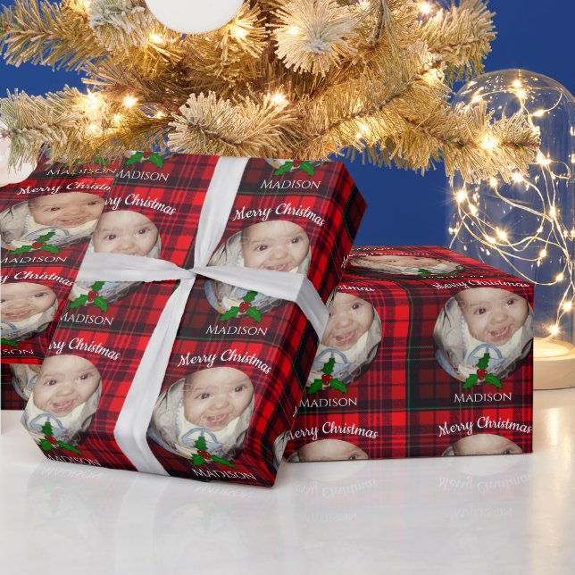 Anpassen des Red Christmas tartan Holly twg Foto Geschenkpapier (Feiertage)