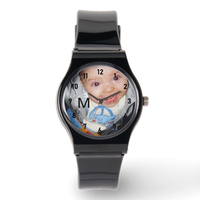Anpassen Sie Ihre Foto-Monogramm-schwarze Zahlen Armbanduhr (Vorderseite)