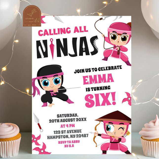 Anrufend All Pink Ninjas Girl Geburtstag Einladung (Von Creator hochgeladen)