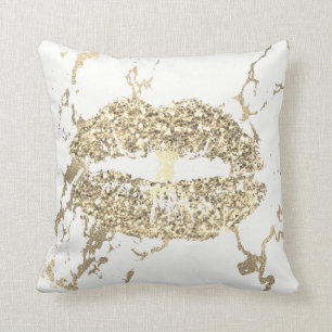 Anschlag-GoldGlitzer-Kuss-Lippenmake-upweiß-Marmo Kissen