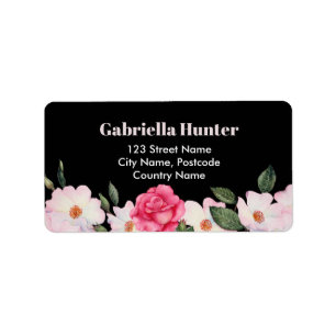 Anschrift Pink White Roses Ballerina Floral Black Adressaufkleber
