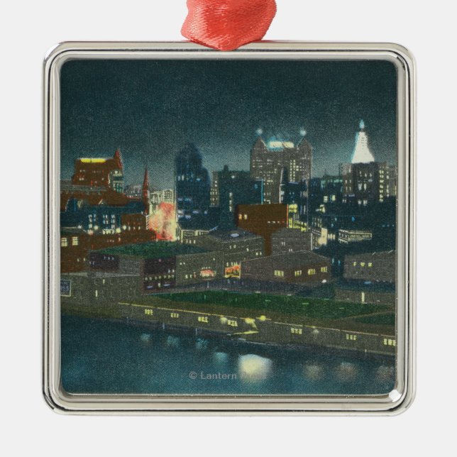 Ansicht der Büffel-Skyline nachts Silbernes Ornament (Vorne)