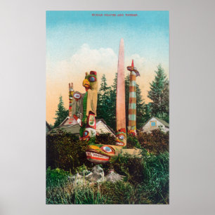 Ansicht der indischen Gräber und der Totempfähle Poster