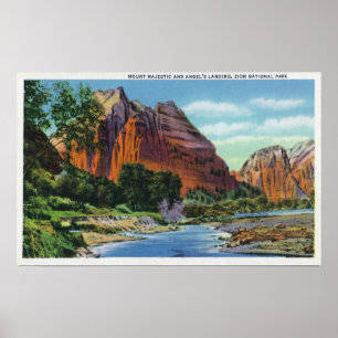 Ansicht des Bergs majestätisch und der Landung des Poster