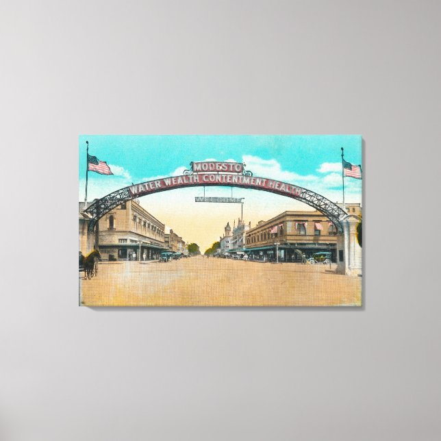Ansicht des Modesto begrüßend ArchModesto, CA Leinwanddruck (Vorderseite)