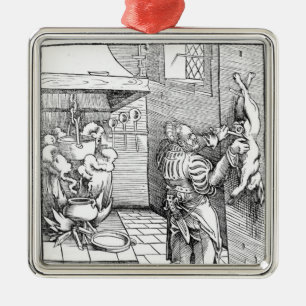 Ansicht einer Küche des 16. Jahrhundertsmit Koch Ornament Aus Metall