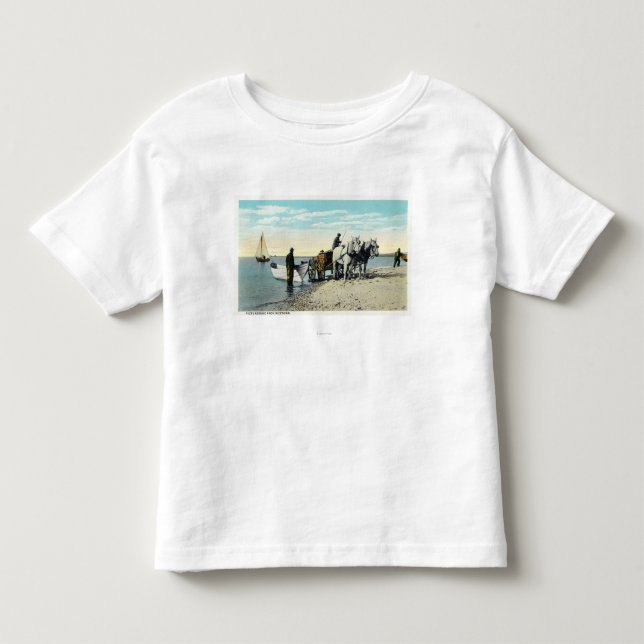 Ansicht eines Pferdewagens, der in ein Boot zieht Kleinkind T-shirt (Vorderseite)