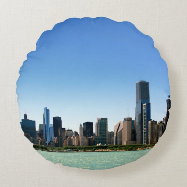 Ansicht von Chicago-Skylinen durch Michigansee Rundes Kissen (Vorderseite)
