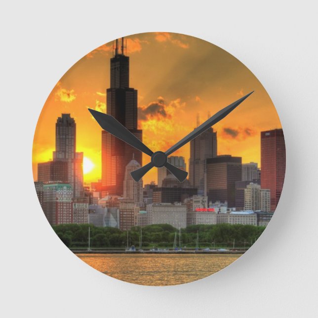 Ansicht von Chicagos Skylinen von Adler Runde Wanduhr (Vorderseite)