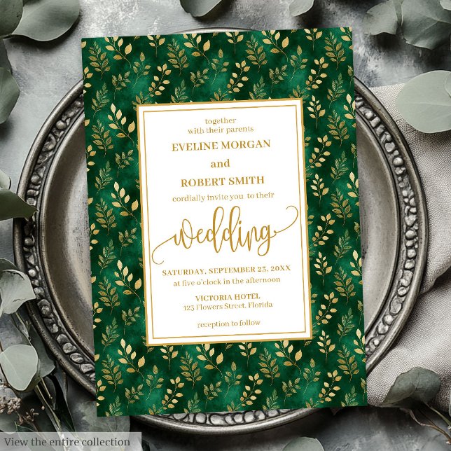 Anspruchsvolle Emerald Green Gold Foliage Hochzeit Einladung (Sophisticated Emerald Green Gold Foliage Wedding Invitation)