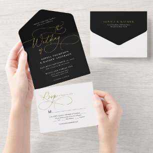 Anspruchsvolle Kalligrafie Black Gold White Weddin All In One Einladung
