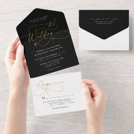 Anspruchsvolle Kalligrafie Black Gold White Weddin All In One Einladung