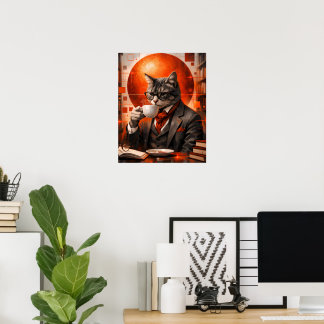Anspruchsvolle Katze trinkt Kaffee Wandkunst Poster