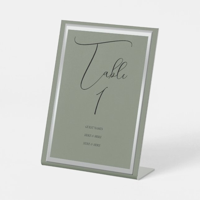 Anspruchsvolle Sage & Silver Wedding Tischnummer Sockelschild (Vorderseite)