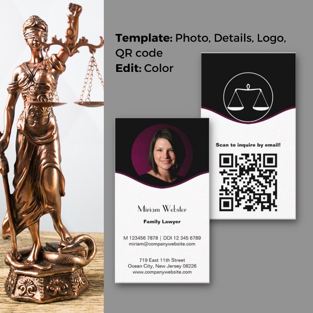 Anspruchsvolle Visitenkarte des Familienanwalts Treuekarte (Sophisticated Family Lawyer Business Card, Profile Photo, Logo, QR code, CTA, Black & White)