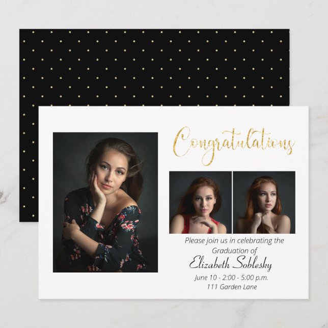 Anspruchsvoller Black and Gold Foto Abschluss Einladung (Vorne/Hinten)