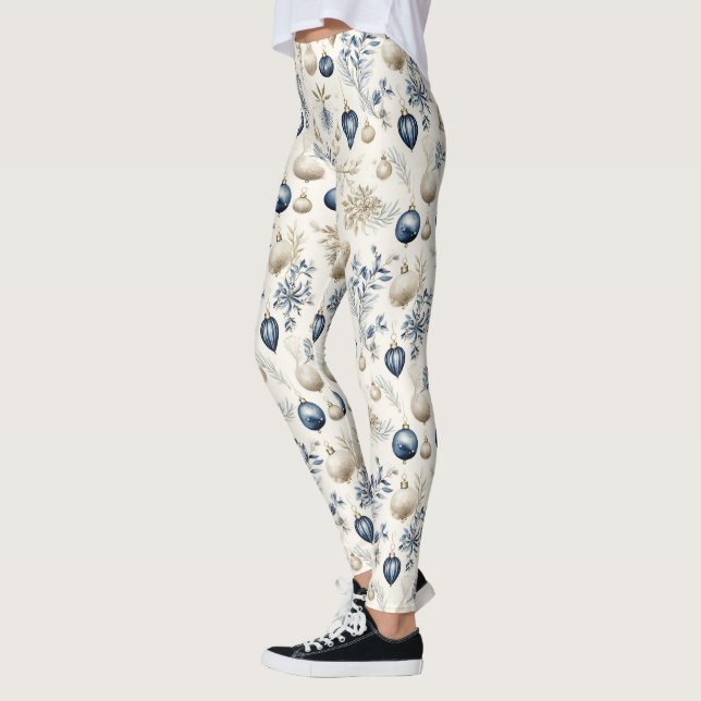 Anspruchsvolles Blue & Gold Weihnachtsmuster Leggings (Links)