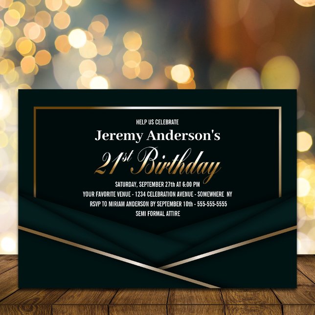 Anspruchsvolles Green Gold 21. Geburtstag Party Einladung (Von Creator hochgeladen)