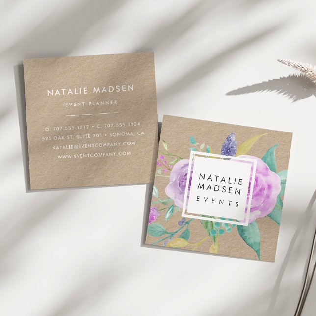 Anstrichfarbene violette Floral Kraft Quadratische Visitenkarte (Von Creator hochgeladen)