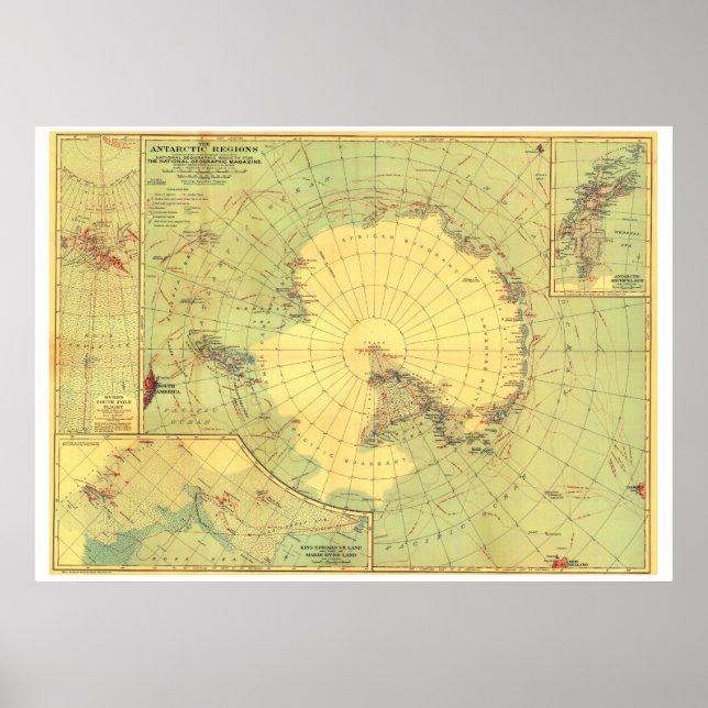 " Antarktis: Landkarte der Südpol Regionen 1932 .. Poster (Vorne)