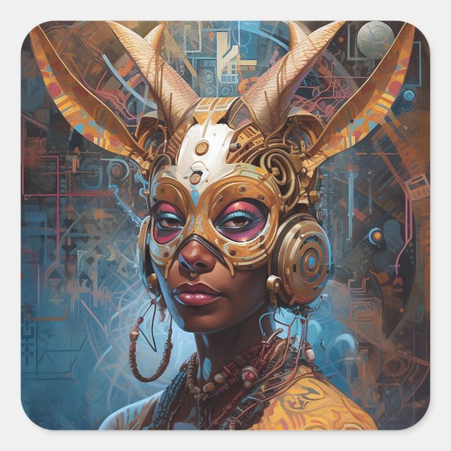 Antelope Headdress Science Fiction Cyberpunk Quadratischer Aufkleber (Vorderseite)