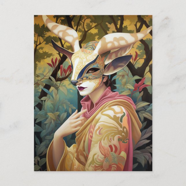 Antelope Mask Lady Surreal Fantasy Art Postcard Postkarte (Vorderseite)