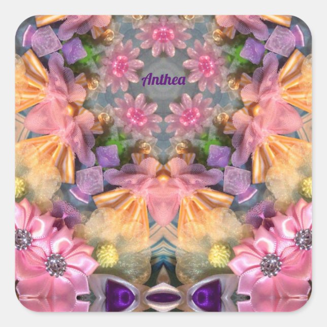 ANTHEA ~ Farbtöne Gelb, Lila, Rosa, Blau Quadratischer Aufkleber (Vorderseite)